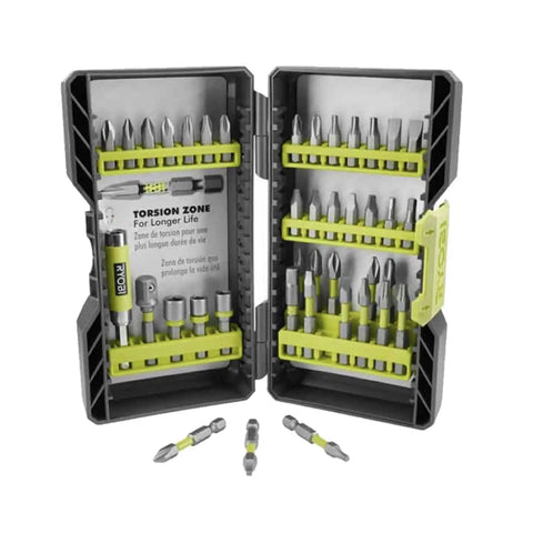 Open case of 40-piece drill bit set from All-In-One 18V Drill Driver Kit With Half-Inch Chuck, 1.5Ah Battery, 16 Inch Buho Tool Bag.