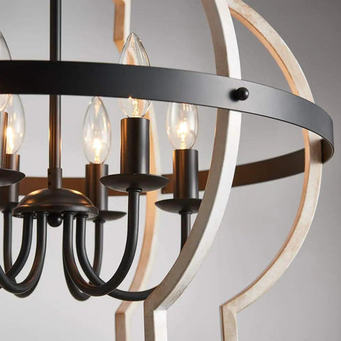 Close-up of Six-Light Globe Farmhouse Chandelier in black metal with white distressed wood finish, showing 6 E12 bulbs