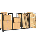 Heavy Duty Cardboard Box Organizer Rack For Shipping And Packing Station keeps boxes and flats organized on a metal wheeled stand.