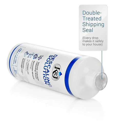 Bottle of Premium Descaling Solution for Keurig Breville Nespresso Delonghi Cuisinart with double-treated shipping seal