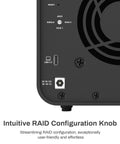 Rock Solid Hybrid Nvme Sata Enclosure hosting two hard drives plus three M2 solid state drives, RAID knob and USB 3.2 port.