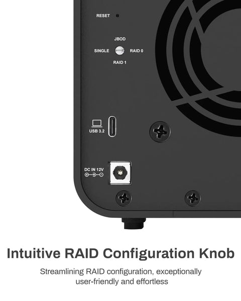 Rock Solid Hybrid Nvme Sata Enclosure hosting two hard drives plus three M2 solid state drives, RAID knob and USB 3.2 port.
