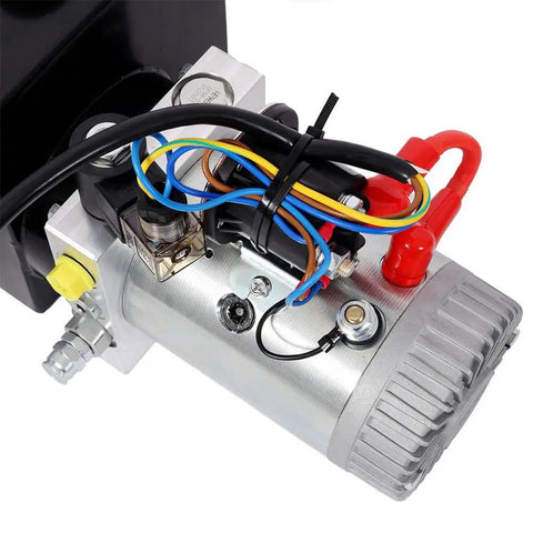 Close-up of Heavy Duty 12V DC Hydraulic Power Unit With 3HP Pump and 8 Quart Steel Reservoir components, showcasing wiring and connections.