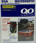 QO250GFIC 50 Amp 120/240V Miniature Circuit Breaker Three Pack packaging showing label and product details