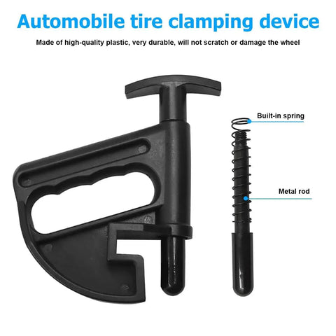 Front view of a black automobile tire clamping device with built-in spring and metal rod, made of durable plastic.
