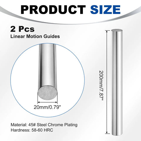 2 Pack 20mm By 200mm Solid Case Hardened Chrome Plated Linear Rail Rod Shafts For CNC DIY Projects 3D Printers Model Cars And Aircraft