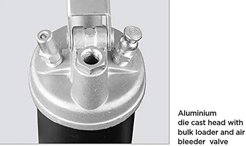 Close-up of Heavy Duty Lever Grease Gun For Auto And Industrial Jobs with die-cast aluminum head and valves