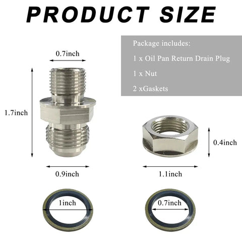 Hella Reliable 10AN Oil Drain Plug M18x1.5 Turbo Oil Return Fitting With Steel Washers Straight Bolt complete dimensions and accessories.