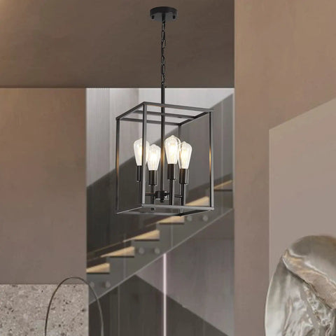 Black Classic Foyer Chandelier 4 Light Farmhouse Pendant Lighting For Kitchen Dining Room And Entryway With Square Cage Shades Ceiling Hanging