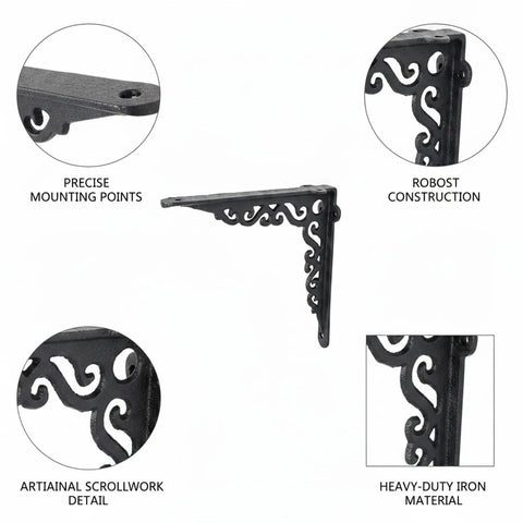 Beefy Heavy Duty Cast Iron Shelf Brackets wall mount support with artistic scrollwork and precise mounting points for wood shelves.