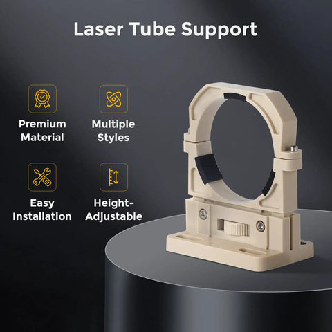 Must Have Adjustable CO2 Laser Tube Mount Holder For 80mm Tubes With Micro Height Adjustment And 45 Degree Reflector Alignment Includes 2 Mounts Pre Drilled Holes And Screws Compatible With Laser Engraving And Cutting Machines displayed on dark pedestal