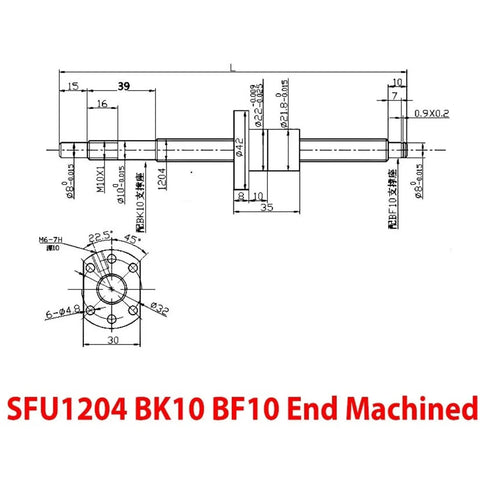 Technical drawing of SFU1204 Rolled Ball Screw With 22mm Ball Nut BK10 BF10 End Machined For CNC And 3D Printing Motion Rails