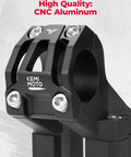 Close-up of Raised Four Inch Direct Mount Riser Stem, CNC Aluminum for Surron Light Bee X160 X260 Talaria XXX bikes.