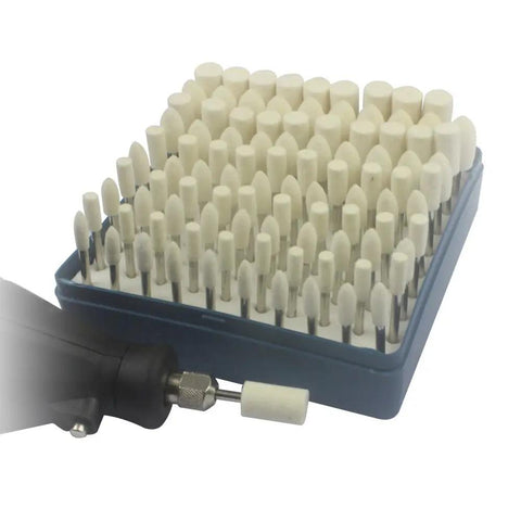 100-Piece Wool Felt Grinding And Polishing Attachment Set For Dremel And Rotary Tools with mandrel mounted heads in a box