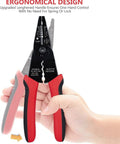 Hand holding 8 Inch Multi Tool Wire Stripper Crimper And Bolt Cutter For Electricians Long Nose Pliers 10 To 22 AWG Wire Cutting