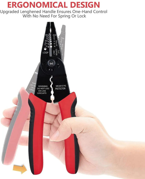 Hand holding 8 Inch Multi Tool Wire Stripper Crimper And Bolt Cutter For Electricians Long Nose Pliers 10 To 22 AWG Wire Cutting