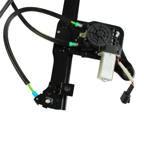 Rear Driver Side Power Window Regulator With Motor Assembly For Silverado Suburban Avalanche 1500 2500 3500 00-06 Cadillac Escalade 02-06 GMC Yukon XL Sierra Plug-And-Play Ready To Install shown from side view, highlighting motor and connectors.