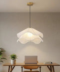 HLRCB Indoor Pendant Light, Fabric Pleated Shade, Modern Suspended Mount above a desk with soft lighting.