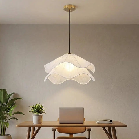 HLRCB Indoor Pendant Light, Fabric Pleated Shade, Modern Suspended Mount above a desk with soft lighting.