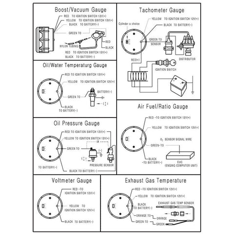 ESUPPORT 52mm car gauge kit diagram with white LED and wiring for oil pressure, temperature, tach and volt gauges