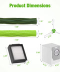 Product dimensions of Compatible Roomba Replacement Parts Kit showing roller brushes, HEPA filter, side brush, and dirt bag.
