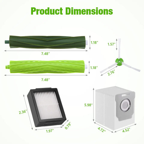 Product dimensions of Compatible Roomba Replacement Parts Kit showing roller brushes, HEPA filter, side brush, and dirt bag.
