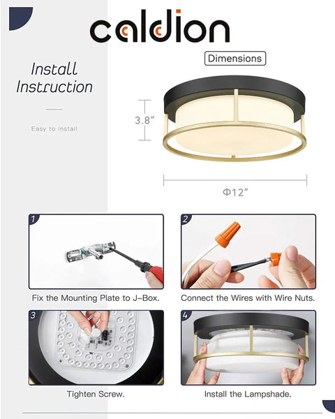 Dope Industrial Chic LED Flush Mount Ceiling Light 12 Inch 24W 1100 Lumens Dimmable 3000K Matte Black Gold Frame With Frosted Glass installation guide