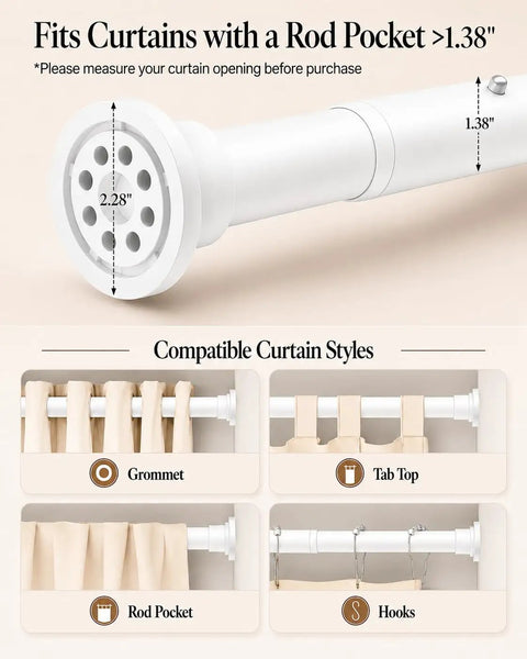 Heavy Duty No Drill Curtain Rod Tension Rod For Windows 66 To 120 Inches White Indoor Outdoor Use showing rod pocket fit options