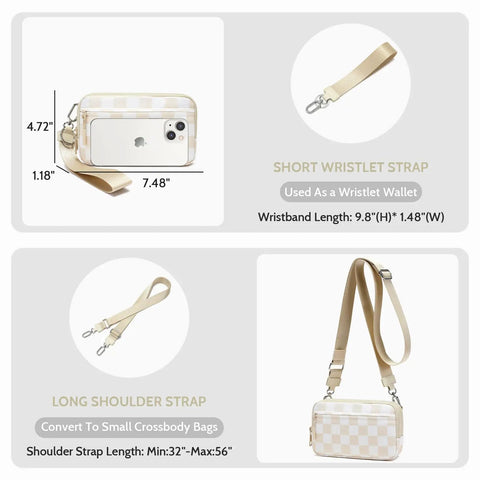 Women's RFID Blocking Crossbody Wristlet Wallet With Four Zippers, Travel Card Holder, beige checkered, with strap details
