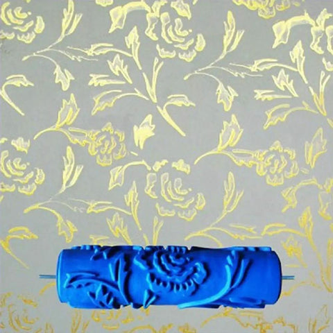 7 Inch 3D Rose Pattern Paint Roller Reusable Texture Tool Without Handle For Walls stamped against a gold floral design.
