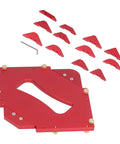 Rock Solid Router Table Corner Jig With Rugged Aluminum Radius Template Set including jig base and twelve radius discs.