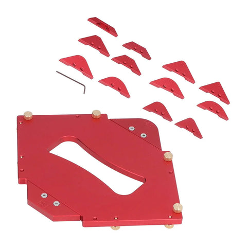 Rock Solid Router Table Corner Jig With Rugged Aluminum Radius Template Set including jig base and twelve radius discs.