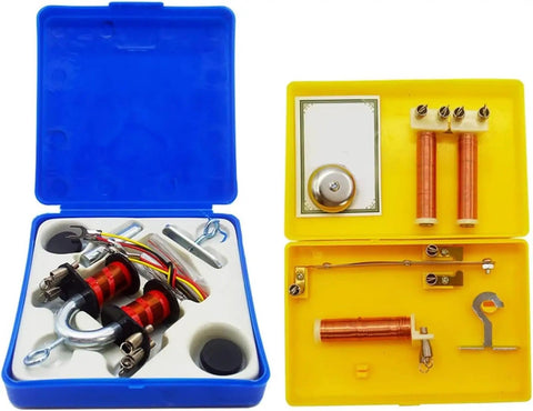 Electromagnetism Experiment Kit For School Labs with dual coil electromagnet in blue and yellow storage cases.