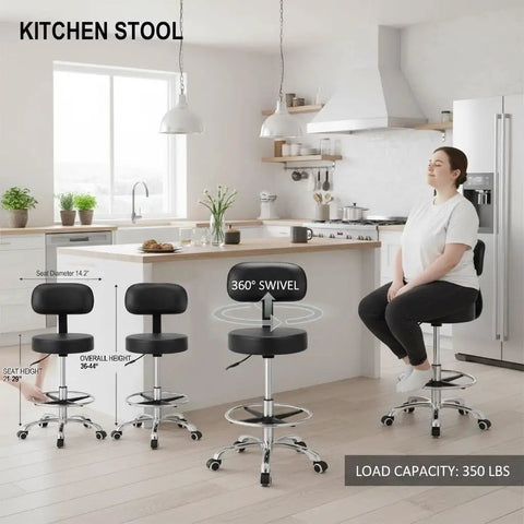 Heavy Duty Swivel Rolling Stool With Backrest For All Day Comfort On Wheels in kitchen, 360 Degree Spin, 350 Lb Capacity