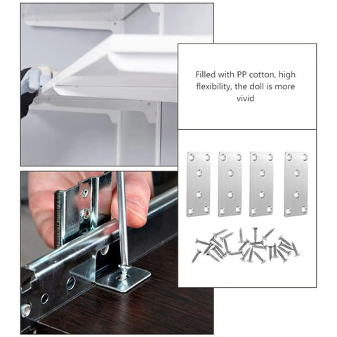 Stainless Steel Straight Flat Brace Brackets for furniture support shown with screws during installation on wood surface.