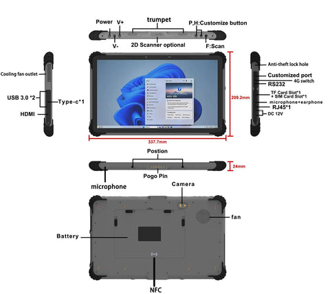 Built Tough 13.3 Inch Rugged Tablet With Intel Core I7 Processor 32GB Ram And 1TB Storage Runs Windows 11 Pro IP65 Waterproof Industrial PC showing ports and features.