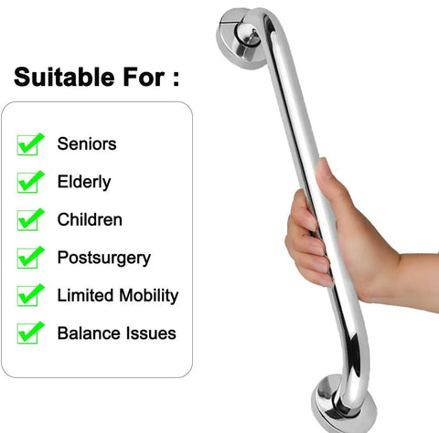Person holding Two Pack 18 Inch Stainless Steel Shower Grab Bars For Tub And Shower Built Tough Up To 500 Lbs Rust Resistant Bath Handrails