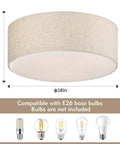 Dimensional view of Three Light Drum Ceiling Light Fixture With Linen Fabric Shade Modern Farmhouse Flush Mount Round Lighting