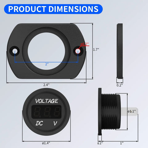 12V Red LED Digital Voltmeter Gauge Waterproof 24V 36V Compatible Car Truck RV Boat Marine Volt Meter With Easy Panel Or 29mm Hole Mount Built Tough Readout For Auto And Marine Use showing 2.4" x 1.7" dimensions