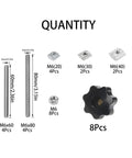 Rrina M6 knurled star knob kit, black nylon, through-hole; includes 60/80mm screws and nuts (8 pieces shown)