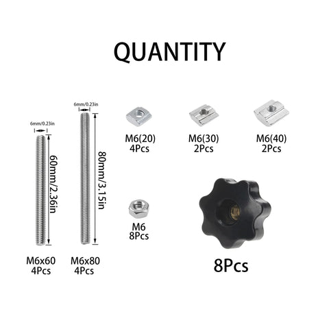 Rrina M6 knurled star knob kit, black nylon, through-hole; includes 60/80mm screws and nuts (8 pieces shown)