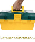 Grab And Go Plastic Toolbox Featuring Nifty Small Parts Compartments For Weekend Warriors And Road Trips portable yellow and green toolbox with handle.