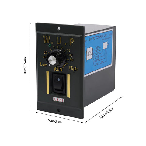 Front view of black speed controller box for 110V worm gear motor; dial knob, on/off switch, US-51 label