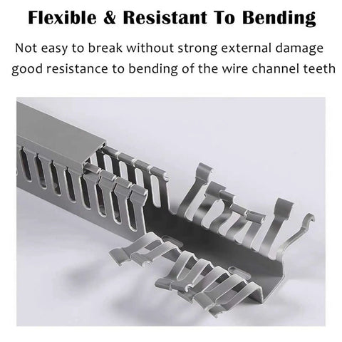 Close-up of an open slot cable management raceway kit 50 pcs cuttable wire ducts showing flexibility and bend resistance.