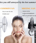 Image comparing common fan and Heavy Duty 380W Misting Oscillating Fan 90 Degree Pivot Spray Cooling System with atomization.