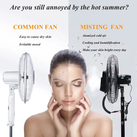 Image comparing common fan and Heavy Duty 380W Misting Oscillating Fan 90 Degree Pivot Spray Cooling System with atomization.