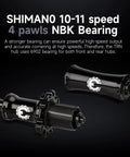 Close-up of two black hubs labeled 10-11 speed 4 pawls NBK Bearing for 700C Carbon Road Bike Wheelset Tubeless Ready.