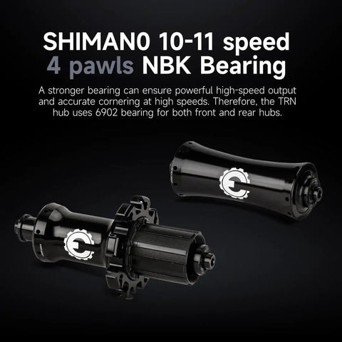 Close-up of two black hubs labeled 10-11 speed 4 pawls NBK Bearing for 700C Carbon Road Bike Wheelset Tubeless Ready.