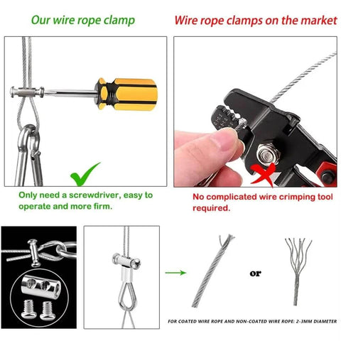 Comparison of 20 Pack Adjustable Wire Rope Clips For 2mm And 3mm Ropes and other wire clamps showing installation differences.