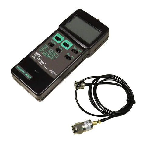 Portable Handheld Vibration Meter With Magnetic Probe For Machinery Vibration Testing Of Velocity And Acceleration Model 840063 Pro Grade Readouts RMS Peak Min Max And Auto Power Off Display, black handheld unit with cable probe